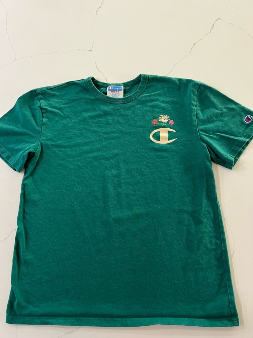 Champion Green vintage BOXY Large Floral Flowers Blank Logo  Shirt Size M